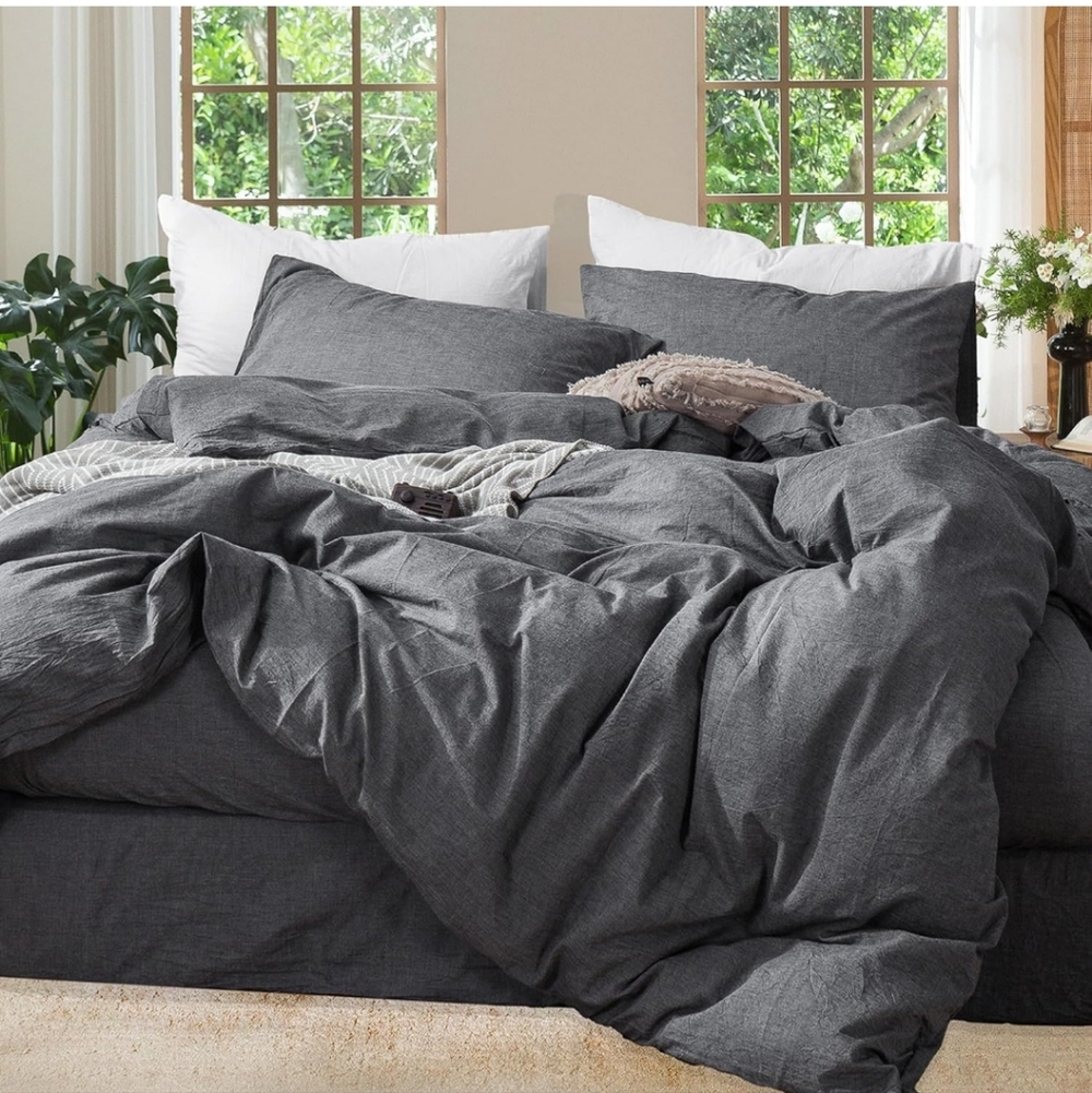 MooMee Bedding Duvet Cover Set 100% Washed Cotton Linen Like Textured Breathable